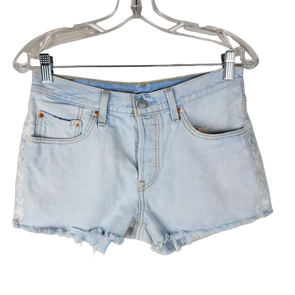 Levi's 501 Classic Blue Light Wash Embroidered Mid Rise Raw Hem Shorts Size 27